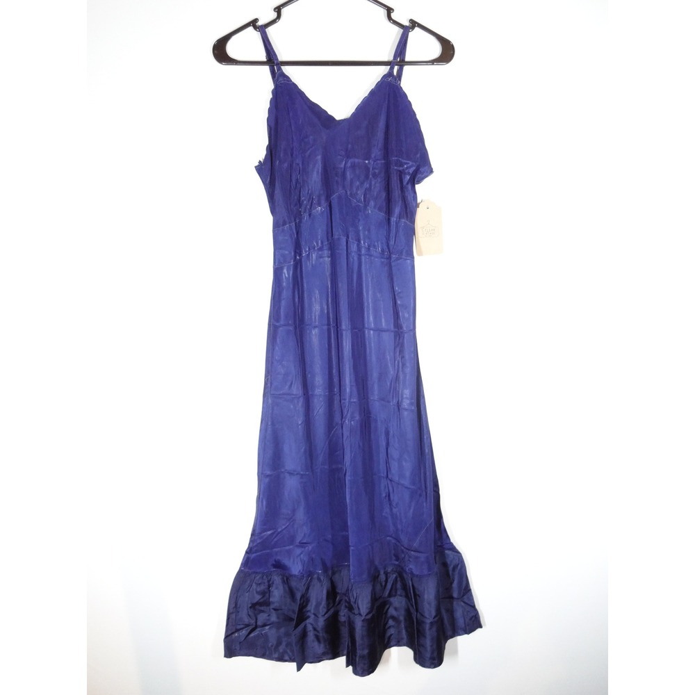 Vintage Full Slip Dress Womens Blue Ruffle Hem V-Neck Maxi Nightgown 3498